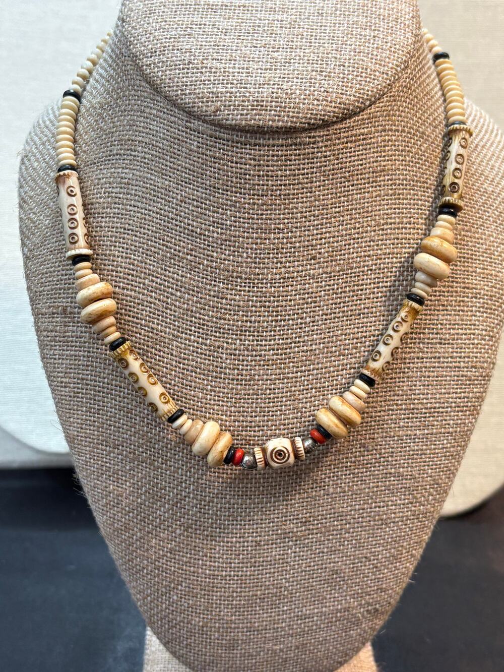 Vintage 1980s Bone Bead Necklace 16 Inch Tribal Boho Carved Beads
